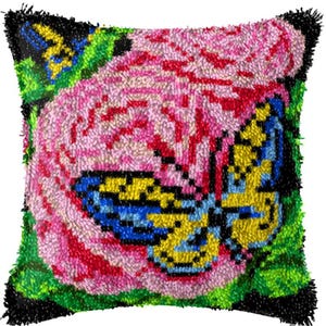 43x43cm Latch Hook Cushion Rose with Butterfly Pre-Printed Color Canvas Acrylic Yarn Pillow Case Crochet Cushion Arts & Crafts