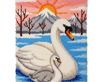 Swan Mother & Baby Latch Hook Kits DIY Rug Making Kit Pre-Printed Canvas 55x75cm