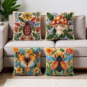 Woodland Nature DIY Spärrkrok Kit Svamp Bi Fjäril Nyckelpiga Kudde Garn Hantverk Dekor