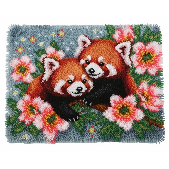 Red Panda Pair Latch Hook Kits DIY Rug Making Kit Pre-printed