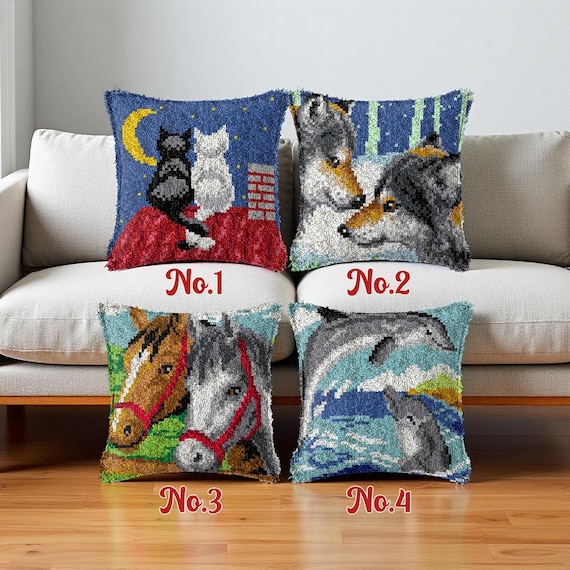 Latch Hook Pillow Kit: Friendship Animals, DIY Craft (43x43cm)
