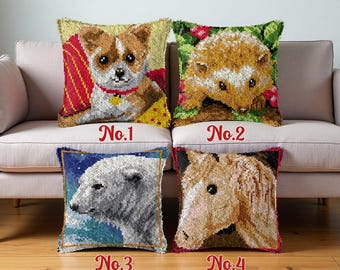 Latch Hook Pillow Kit: Animal Pre-Printed Canvas, DIY Craft (43x43cm)