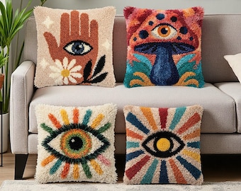 Evil Eye Latch Hook Kit Boho Mystical Hamsa Hand Pillow DIY Yarn