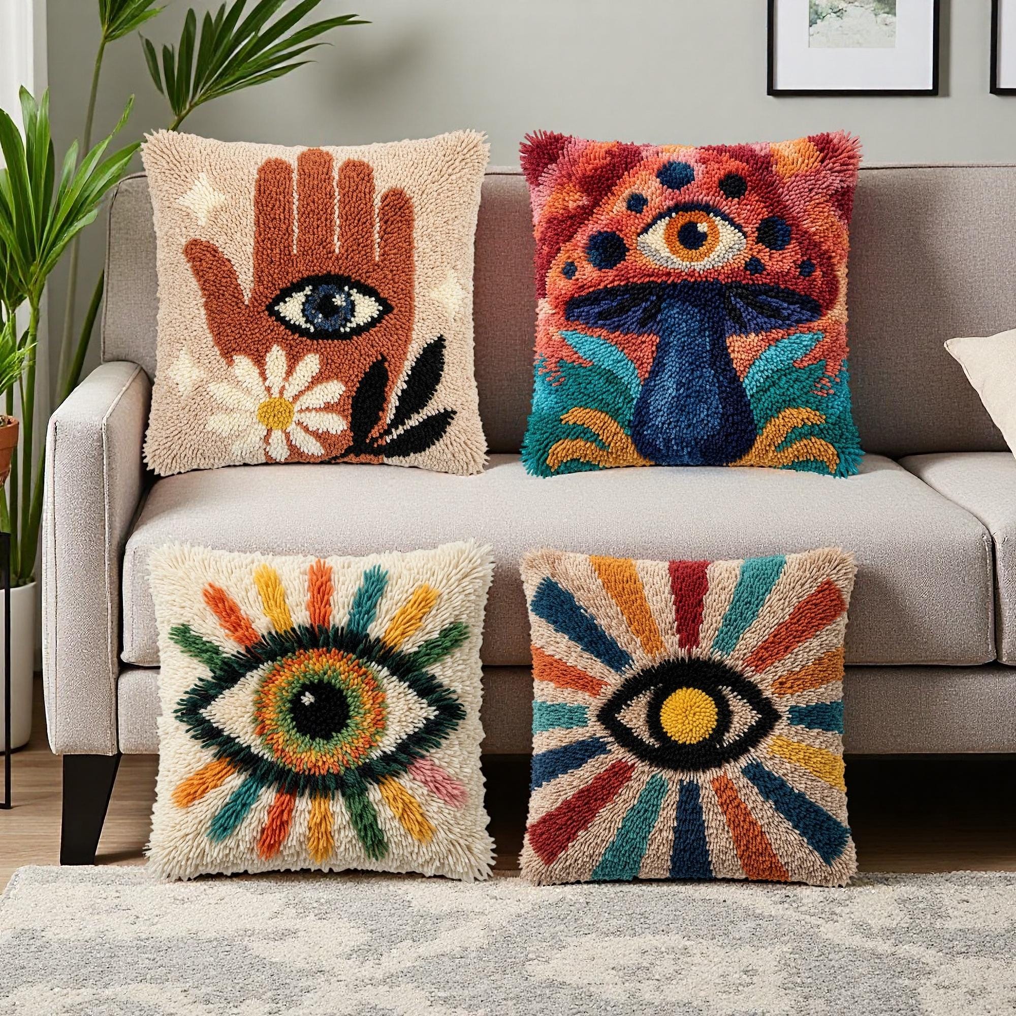 Evil Eye Latch Hook Kit Boho Mystical Hamsa Hand Pillow DIY Yarn