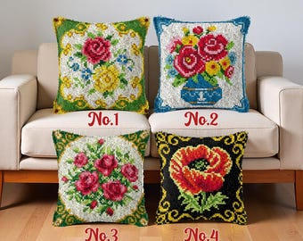 Latch Hook Pillow Kit: Rose Bouquet, Acrylic Yarn (43x43cm)
