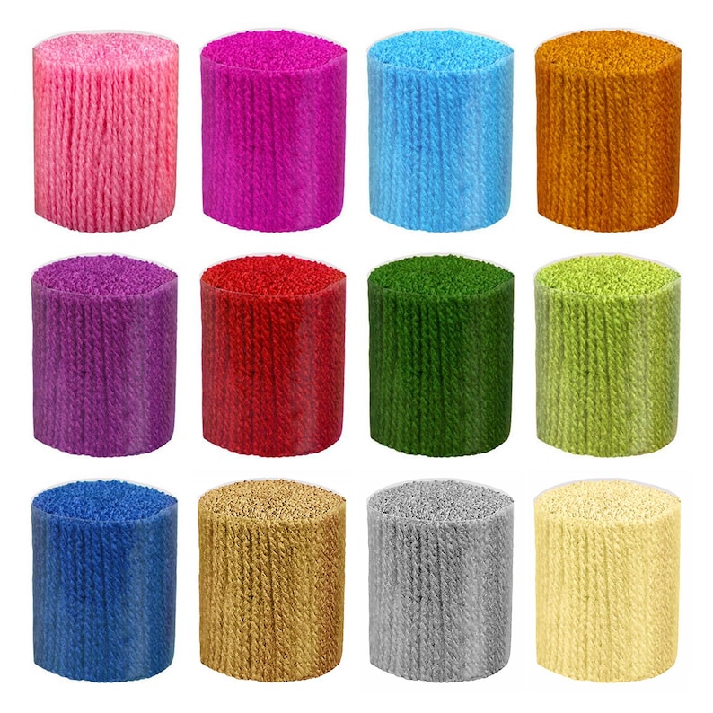 May include: Twelve spools of yarn in various colors, including pink, purple, blue, green, red, orange, gold, and gray. The spools are arranged in three rows of four.