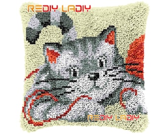 Latch Hook Cushion Playful Kitten DIY Needlepoint Kits Chunky Acrylic Yarn Arts Crocheting Lofty Pillow Case Hobby & Crafts