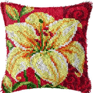 43x43cm Latch Hook Cushion Lily Rose Poppy Pre-Printed Canvas Acrylic Yarn Pillow Case Crochet Cushion Hobby & Crafts