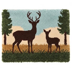 May include: A rectangular rug featuring a forest scene with two deer silhouettes. The rug has a light blue sky, brown and tan field, green grass, and two green trees. The deer are dark brown.