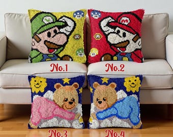 Latch Hook Cushion Mario with Teddy Pre-Printed Canvas 43x43cm
