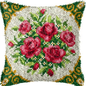 43x43cm Latch Hook Cushion Rose Bouquet Pre-Printed Color Canvas Acrylic Yarn Pillow Case Crochet Cushion Arts & Crafts