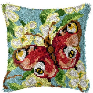 43x43cm Latch Hook Cushion Butterfly with Flowers Pre-Printed Canvas Acrylic Yarn Pillow Case Crochet Cushion Hobby & Crafts