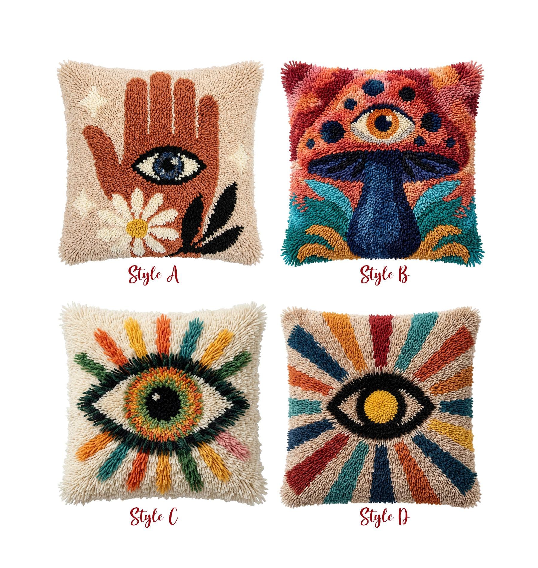 Evil Eye Latch Hook Kit Boho Mystical Hamsa Hand Pillow DIY Yarn