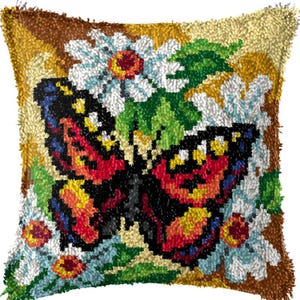 43x43cm Latch Hook Cushion Ladybug with Butterfly Pre-Printed Color Canvas Acrylic Yarn Pillow Case Crochet Cushion Arts & Crafts