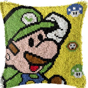 43x43cm Latch Hook Cushion Mario with Teddy Pre-Printed Color Canvas Acrylic Yarn Pillow Case Crochet Cushion Arts & Crafts