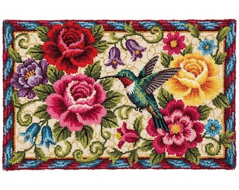 Hummingbird and Roses Latch Hook Kits DIY Rug Making Kit Pre-Printed Canvas 102x69cm