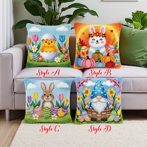 May include: Four decorative Easter-themed throw pillows. Style A features a chick hatching from an egg. Style B shows a bunny with pumpkins. Style C has a bunny with eggs. Style D displays a gnome with a basket. Each pillow is square.