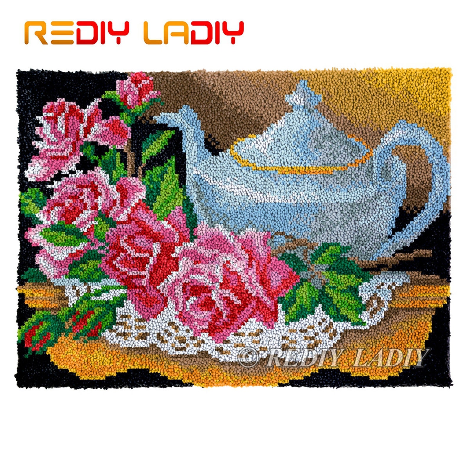 Latch Hook Rug Rose With Teapot Chunky Yarn Tapestry Kits DIY Etsy