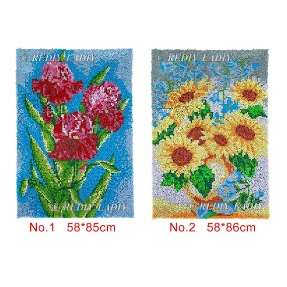 Latch Hook Rug Iris With Sunflowers Chunky Yarn Tapestry Kits DIY