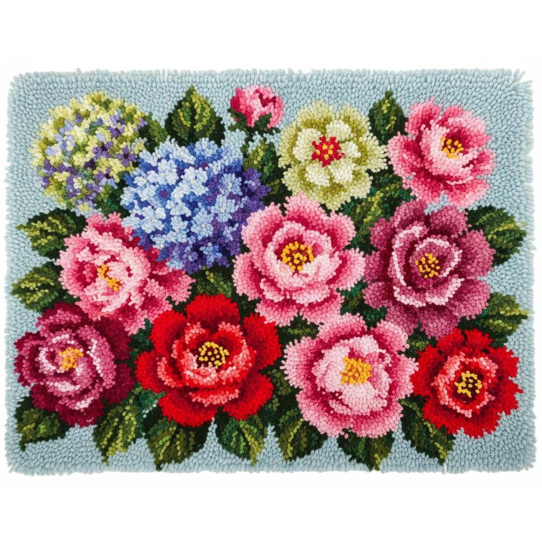 Roses & Hydrangea Latch Hook Kits DIY Rug Making Kit Pre-printed Canvas ...