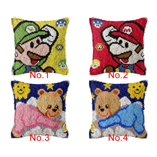 43x43cm Latch Hook Cushion Mario with Teddy Pre-Printed Color Canvas Acrylic Yarn Pillow Case Crochet Cushion Arts & Crafts