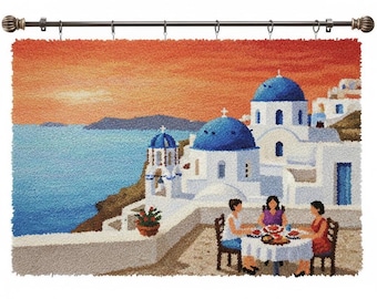 Santorini Sunset Latch Hook Kits DIY Rug Making Kit Pre-Printed Canvas 102x69cm