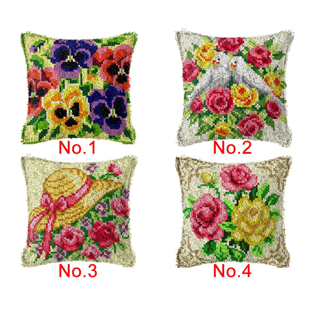 43x43cm Latch Hook Cushion Garden Flowers Preprinted Color Canvas