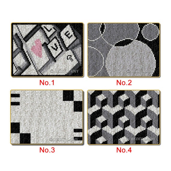 Latch Hook Rug Kits Black and White Plush Floor Mat Pre-printed Canvas Non-skid  Rug Backing DIY Handmade Carpet Crafts 