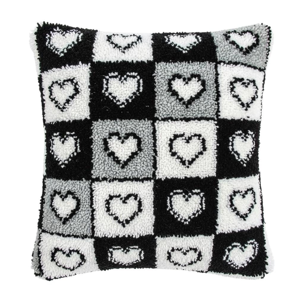 Black White Heart Latch Hook Kit Checkerboard Pattern Pillow Cover