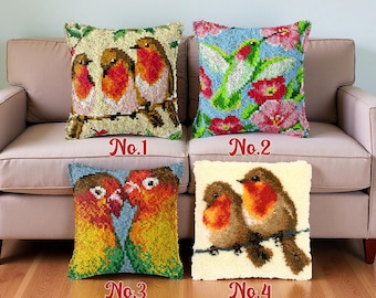 Kit de cojín con pájaros en gancho de pestillo: Funda de almohada de hilo acrílico (43 x 43 cm)