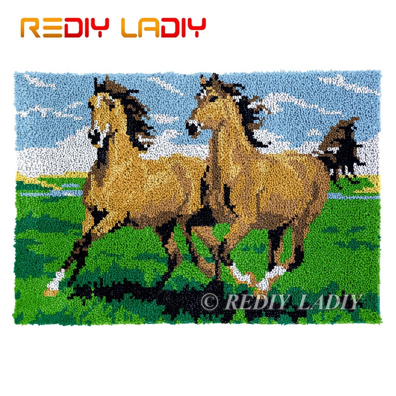 Latch Hook Rug Running Horses Chunky Yarn Tapestry Kits DIY Carpet Rug