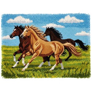 May include: A handcrafted rug depicting three horses galloping across a green field under a blue sky with fluffy white clouds. The horses are shades of brown and tan, with white markings on their legs.