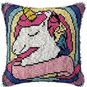 43x43cm Latch Hook Cushion Colorful Unicorn Pre-Printed Canvas Acrylic Yarn Pillow Case Crochet Cushion Hobby & Crafts