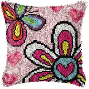 43x43cm Latch Hook Cushion Pink Butterfly Pre-Printed Color Canvas Acrylic Yarn Pillow Case Crochet Cushion Arts & Crafts