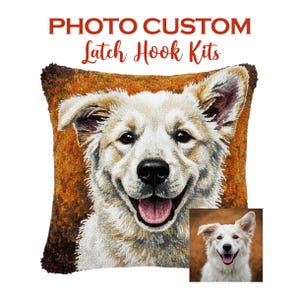 May include: A custom latch hook kit featuring a smiling dog with cream-colored fur. The dog's portrait is on a brown and orange background. The text "PHOTO CUSTOM Latch Hook Kits" is at the top. A smaller image of the dog is in the lower right corner.