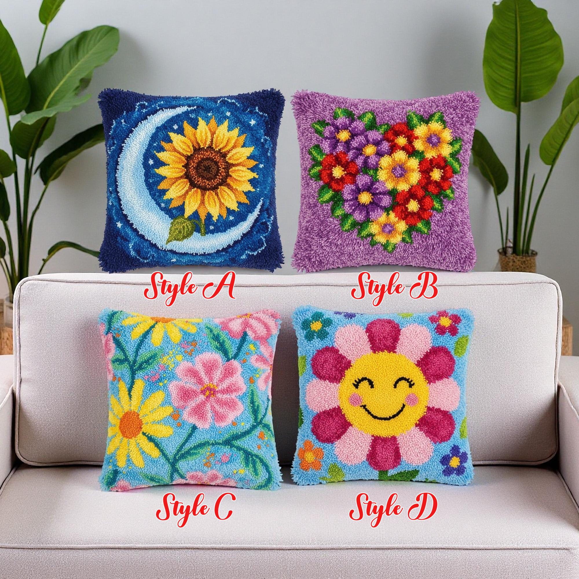 Whimsical Floral Latch Hook Kit Sunflower Heart Pillow Cover