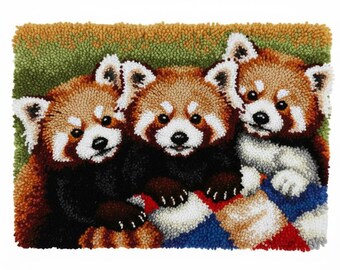 Red Panda Trio Latch Hook Kits DIY Rug Making Kit Pre-printed