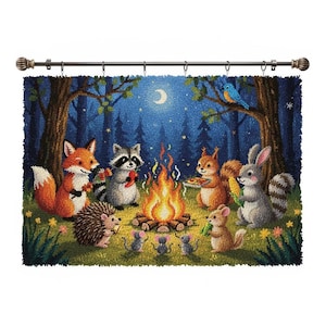 May include: A whimsical forest scene rug featuring a campfire surrounded by cartoon animals. A fox, raccoon, squirrel, rabbit, hedgehog, and mice are gathered around the fire. The background depicts a starry night sky with a crescent moon and trees.