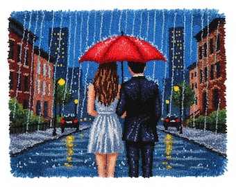 Romantic Rainy Night Latch Hook Kits DIY Rug Making Kit Pre-Printed Canvas 75x55cm