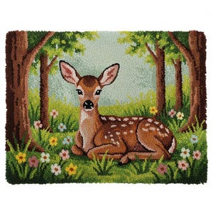May include: A hand-tufted rug featuring a fawn resting in a forest scene. The fawn is brown with white spots, surrounded by green grass, colorful flowers, and brown trees. The background is a light blue sky.