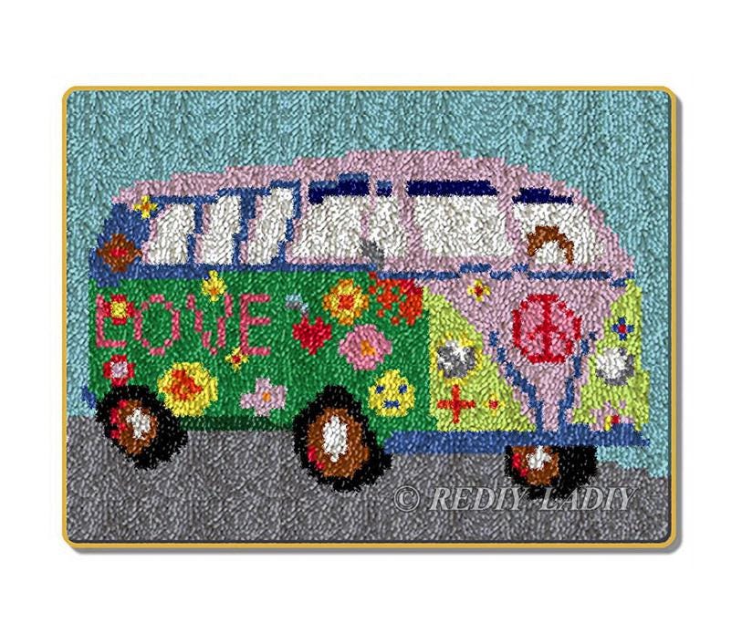 Latch Hook Rug Kits Bus With Tractor Plush Floor Mat Pre-printed Canvas ...