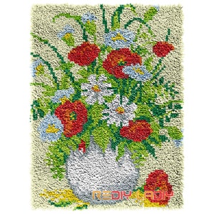 Latch Hook Rug Kits Flowers with Vase Seat Cushion DIY Carpet Rug Chunky Yarn Arts Crocheting Tapestry Knotted Floor Mat Crafts
