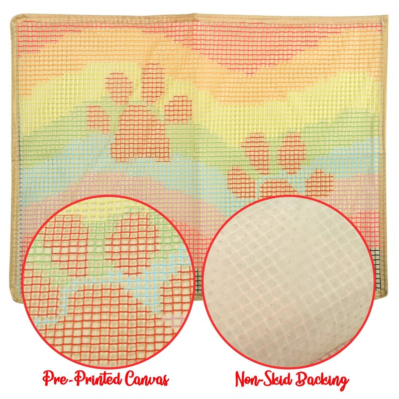May include: A close-up of a pre-printed canvas with a rainbow design and paw prints. The canvas has a non-skid backing.