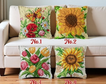 Latch Hook Pillow Kit: Butterfly and Flowers, Pre-Printed Canvas (43x43cm)