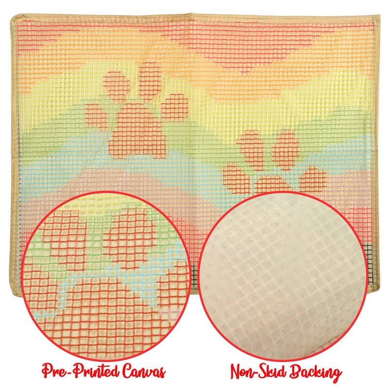 May include: A close-up of a pre-printed canvas with a rainbow design and paw prints. The canvas has a non-skid backing.