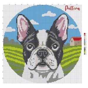 Op de afbeelding: Een kruissteekpatroon met het gezicht van een Franse Bulldog, tegen een blauwe lucht met wolken en een groen veld. Het woord "Pattern" is in rood script geschreven. Het ontwerp bevat een klein huis.