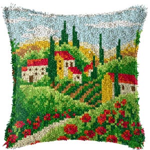 43x43cm Latch Hook Cushion Country Life Pre-Printed Color Canvas Acrylic Yarn Pillow Case Crochet Cushion Arts & Crafts