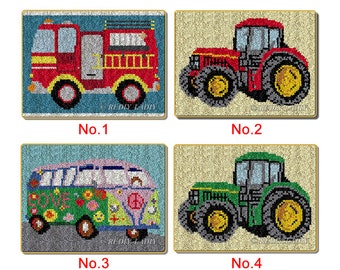 Latch Hook Rug Kits Bus with Tractor Plush Floor Mat Pre-Printed Canvas Non-Skid Rug Backing DIY Handmade Carpet Crafts