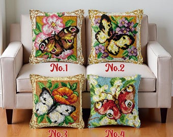 Butterfly Latch Hook Pillow Kit, Acrylic Yarn, Pre-Printed Canvas (43x43cm)