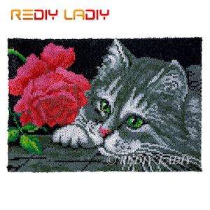 Latch Hook Rug Kitten with Roses Chunky Yarn Tapestry Kits DIY Carpet Rug Knitted Floor Mat Crochet Cushion Arts & Crafts 85*58cm